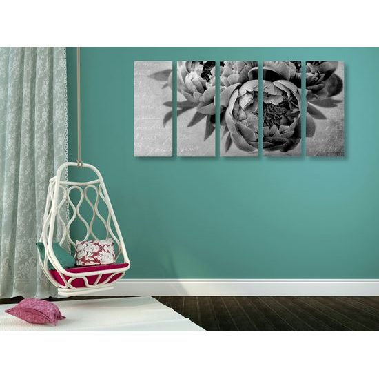 5-dielny obraz jemná pivonka v čiernobielom prevedení