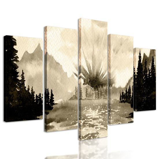 5-dielny obraz maľovaná horská krajinka v sépiovom prevedení
