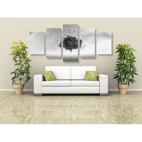 5-dielny obraz strom pod dúhou v čiernobielom prevedení