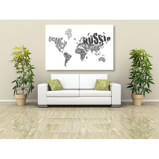 Obraz čiernobiela mapa sveta tvorená názvami jednotlivých krajín