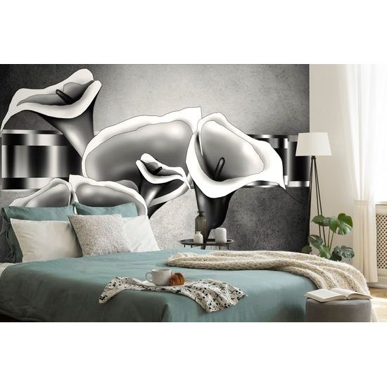 Samolepiaca tapeta pôvabné etno kvety kaly v čiernobielom prevedení