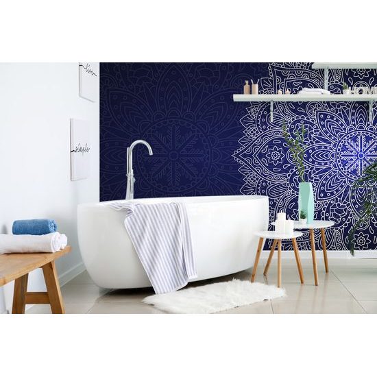 Originálna samolepiaca tapeta biely ornament na modrom pozadí