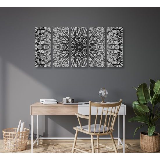 5-dielny obraz zaujímavá luxusná Mandala v čiernobielom prevedení
