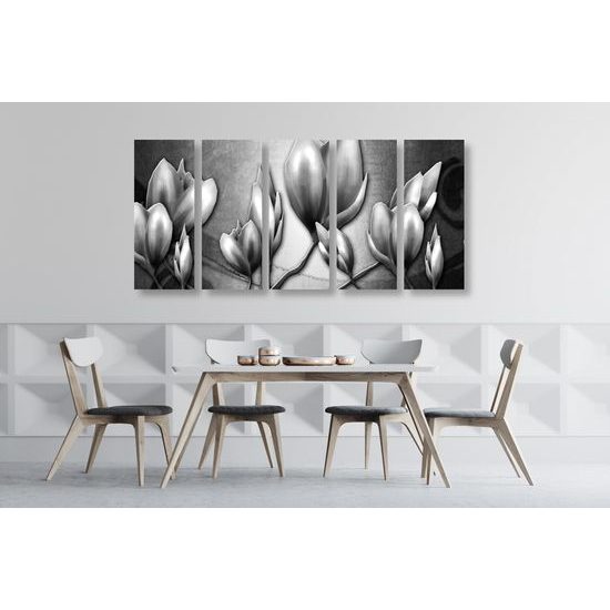 5-dielny obraz čiernobiele vintage kvety