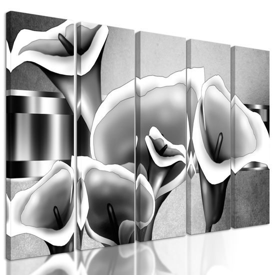 5-dielny obraz luxusné kvety kaly v čiernobielom prevedení