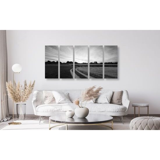 5-dielny obraz zapadajúce slnko nad krajinou v čiernobielom prevedení