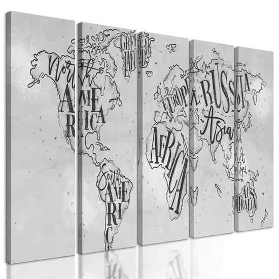 5-dielny obraz abstraktná mapa celého sveta v čiernobielom prevedení