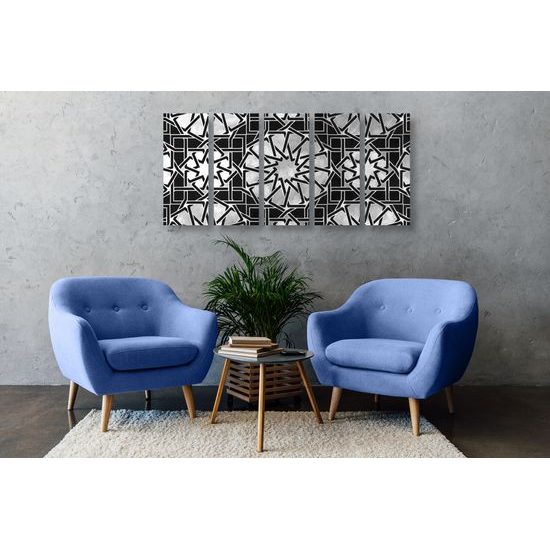 5-dielny obraz strieborná mandala v čiernobielom prevedení