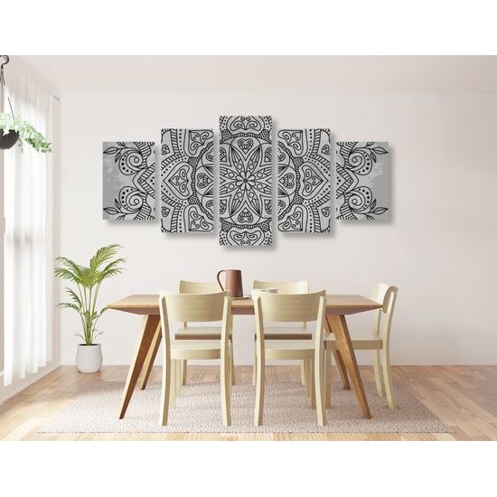 5-dielny obraz starodávna Mandala v čiernobielom prevedení