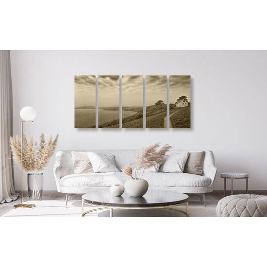 5-dielny obraz dom pri mori v sépiovom prevedení