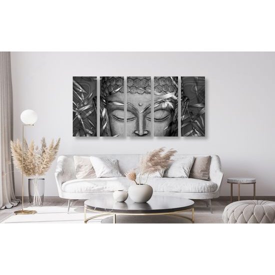 5-dielny obraz abstraktný Budha v čiernobielom prevedení