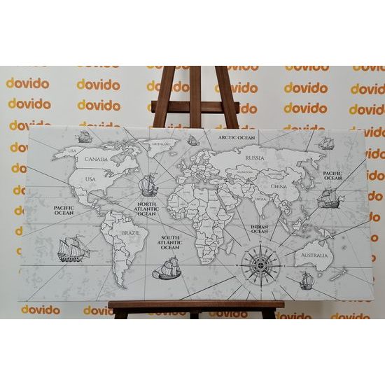 Obraz čiernobiela mapa sveta so starými obchodnými cestami