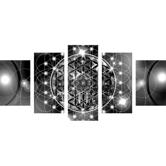 5-dielny obraz okúzľujúca Mandala v čiernobielom prevedení