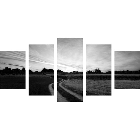5-dielny obraz zapadajúce slnko nad krajinou v čiernobielom prevedení