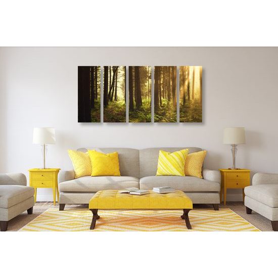 5-dielny obraz slnko predierajúce sa medzi korunami stromov