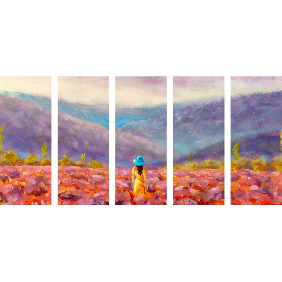 5-dielny obraz umelecká maľba žena v žltých šatách