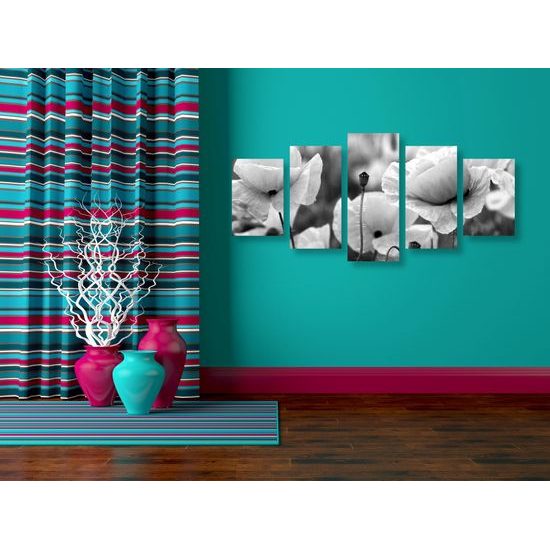 5-dielny obraz jedinečné divé maky v čiernobielom prevedení