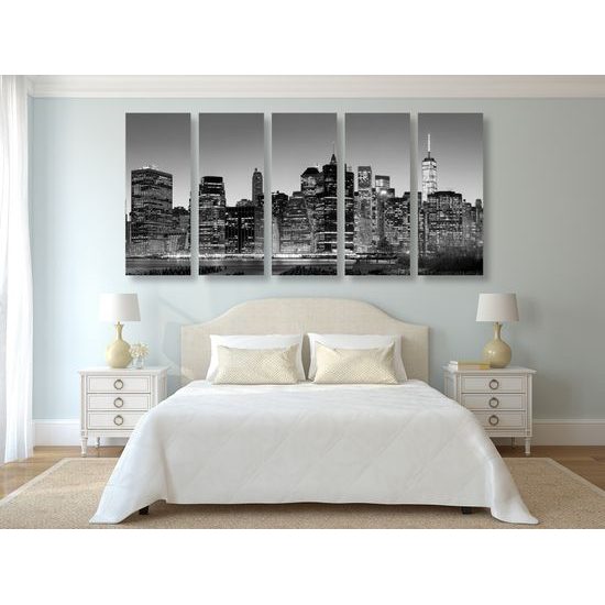 5-dielny obraz nočný New York v čiernobielom prevedení