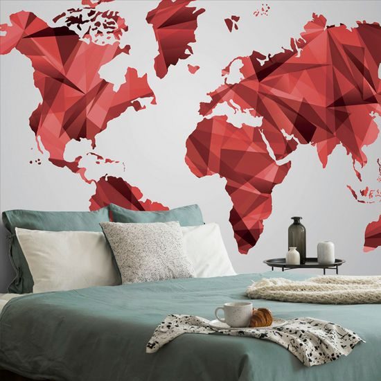 Tapeta mapa sveta tovrená polygonmi v červenom prevedení