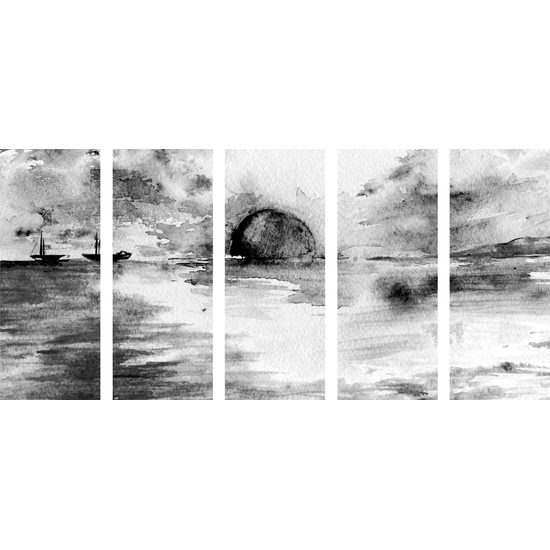 5-dielny obraz západ slnka za horizont v čiernobielom prevedení