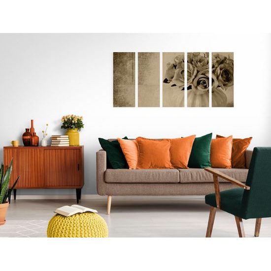 5-dielny obraz malé ružičky v sépiovom prevedení