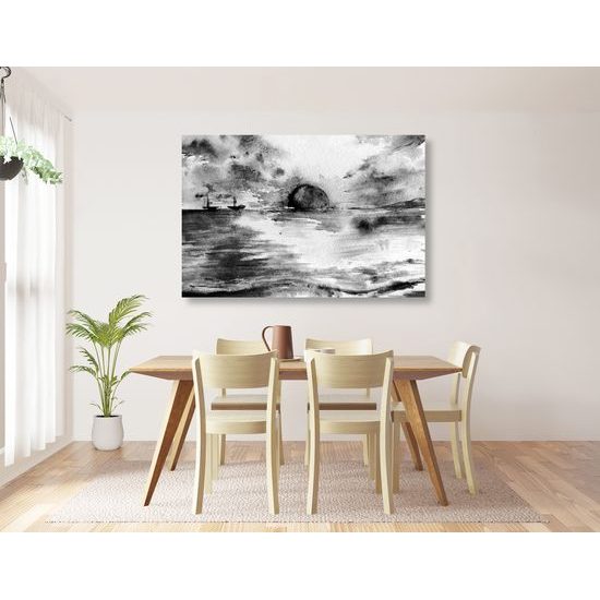 Obraz západ slnka za horizont v čiernobielom prevedení