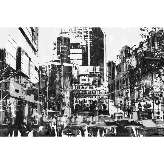 Obraz chaotické velkomesto v čiernobielom prevedení
