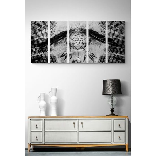 5-dielny obraz abstraktný lapač snov v čiernobielom prevedení