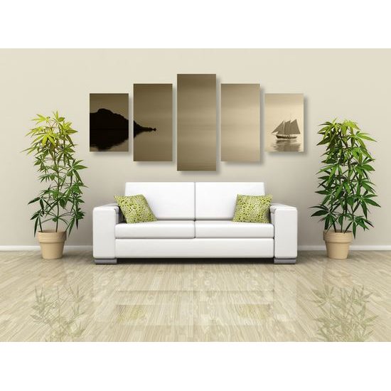 5-dielny obraz loďka na šírom mori v sépiovom prevedení