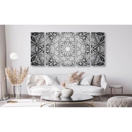 5-dielny obraz Mandala v čiernobielom prevedení