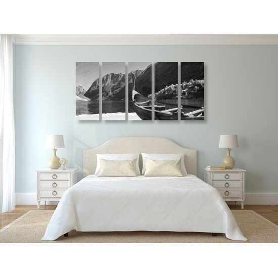 5-dielny obraz maľovaná vikingská loď v čiernobielom prevedení