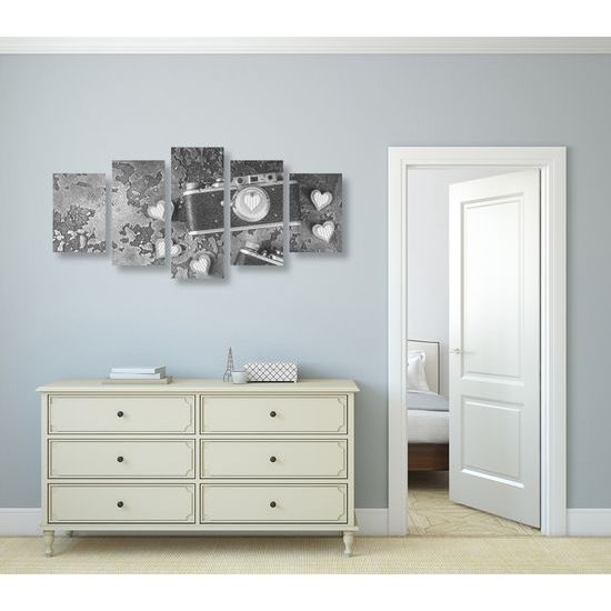 5-dielny obraz dva historické fotoaparáty v čiernobielom prevedení