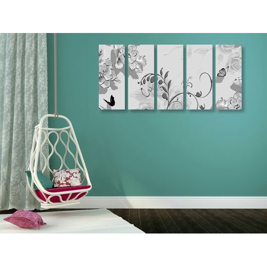 5-dielny obraz čiernobiele kvety v luxusnom prevedení
