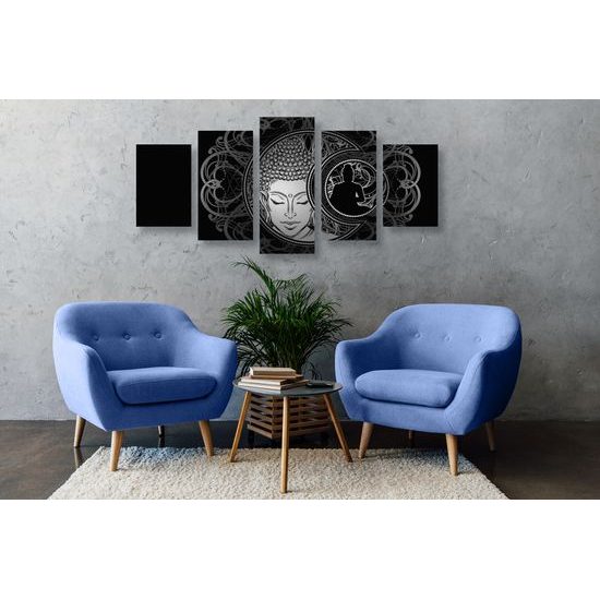 5-dielny obraz vyrovnaný Budha v čiernobielom prevedení
