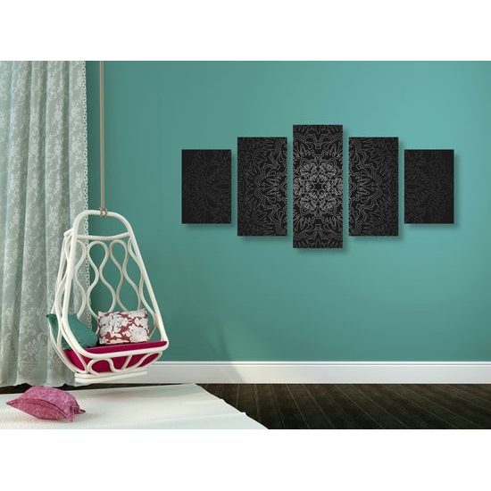5-dielny obraz exotická Mandala v čiernobielom prevedení