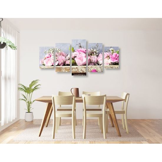 5-dielny obraz kvety karafiátu a ružové srdiečko