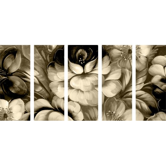 5-dielny obraz abstraktná maľba kvetín v sépiovom prevedení