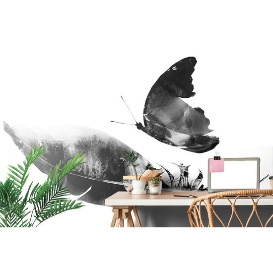 Tapeta čiernobiely motýľ s pierkom
