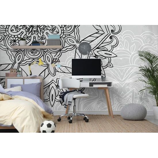 Samolepiaca tapeta ľadová Mandala v čiernobielom prevedení