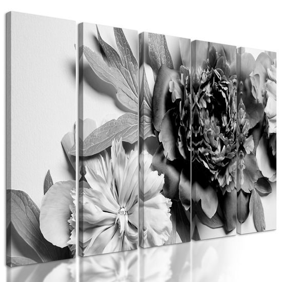 5-dielny obraz pôvabné ružové pivónie v čiernobielom prevedení