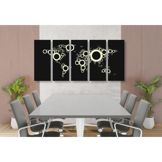 5-dielny obraz mapa sveta tvorená kružnicami v čiernobielom prevedení