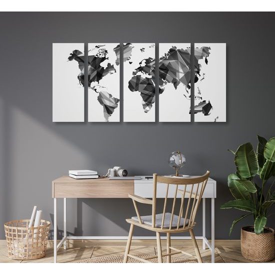 5-dielny obraz mapa sveta tovrená polygonmi v čiernobielom prevedení