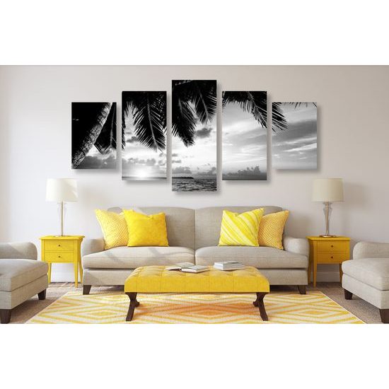5-dielny obraz slenčný deň v tropickom raji v čiernobielom prevedení