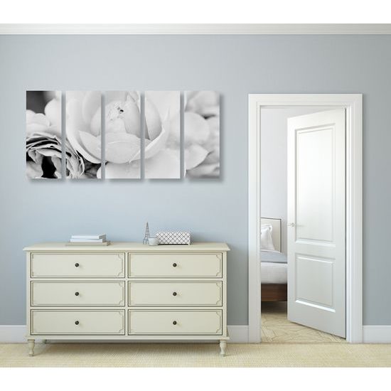 5-dielny obraz pôvabné ruže v čiernobielom prevedení