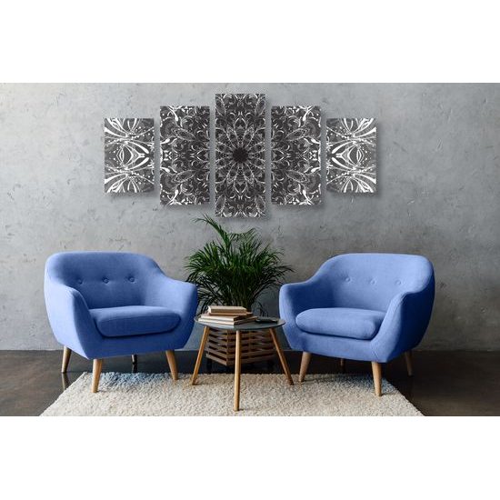 5-dielny obraz Mandala v čiernobielom prevedení