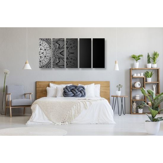 5-dielny obraz zaujímavá Mandala v čiernobielych farbách