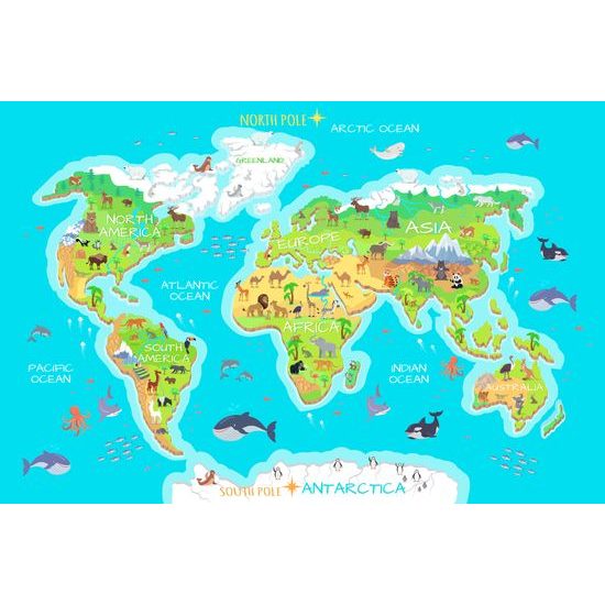 Obraz na korku mapa sveta pre deti s kreslenými zvieratkami