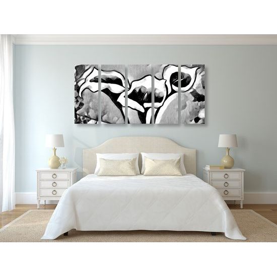 5-dielny obraz dychberúce etno kaly v čiernobielom prevedení