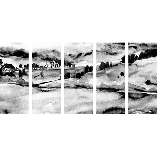 5-dielny obraz akavarelové Talianske mestečko v čiernobielom prevedení