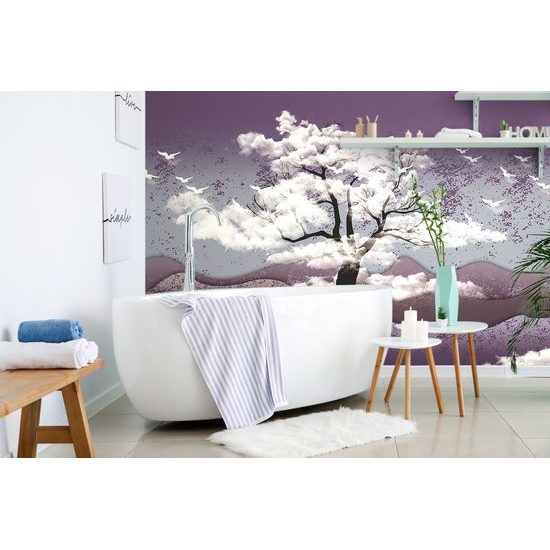 Samolepiaca tapeta strom v oblakoch vo fialovej krajine